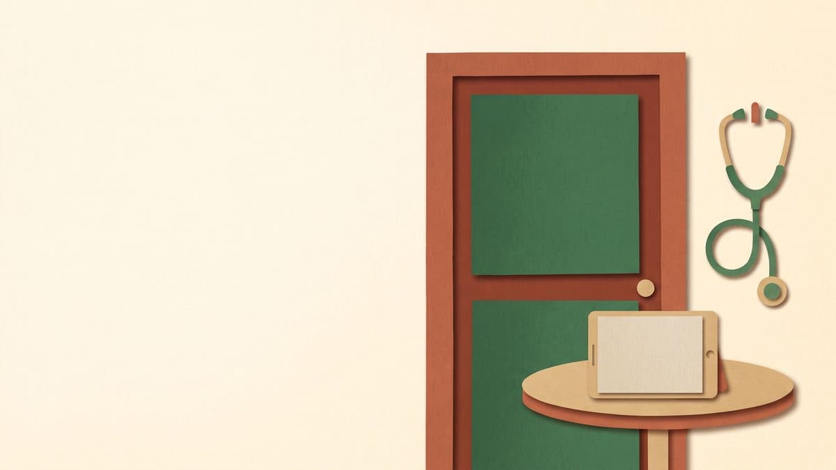 Paper-cut illustration of a clinic doorway with a stethoscope hanging beside it and a tablet on a small table