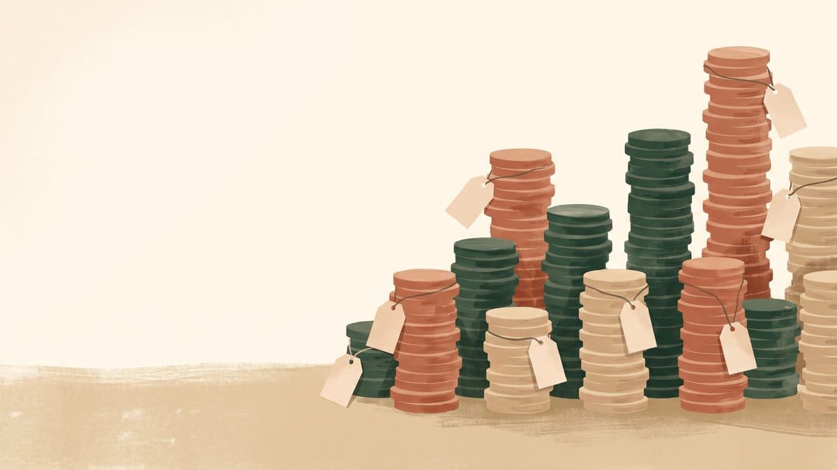 Paper-cut illustration of coins stacked into a bar chart with blank paper price tags