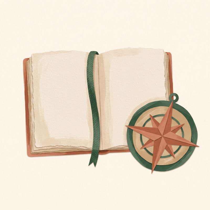 Paper-cut illustration of an open book with a ribbon bookmark and a small compass rose
